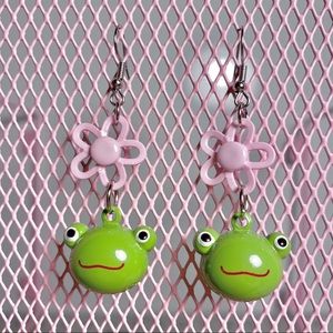 Froggy Bell & Pink Flower Earrings